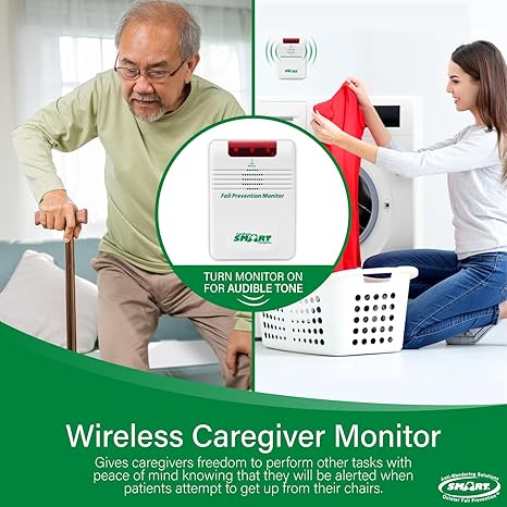 Advertisement for a Wireless Caregiver Monitor with a man using a walker and a woman by a washing machine.