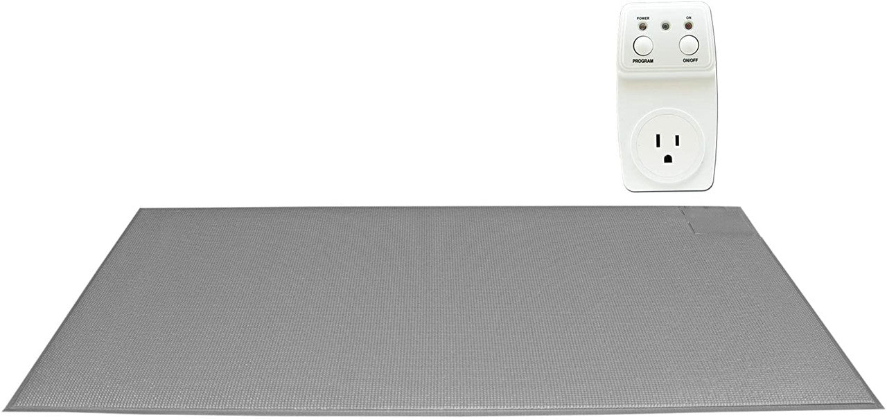 Gray heating pad with a white power outlet on a white background