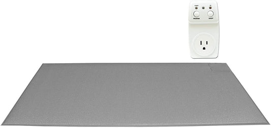 Gray heating pad with a white power outlet on a white background