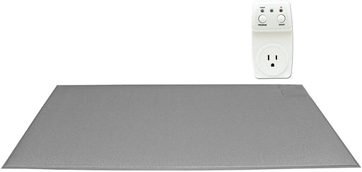 Gray heating pad with a white power outlet on a white background