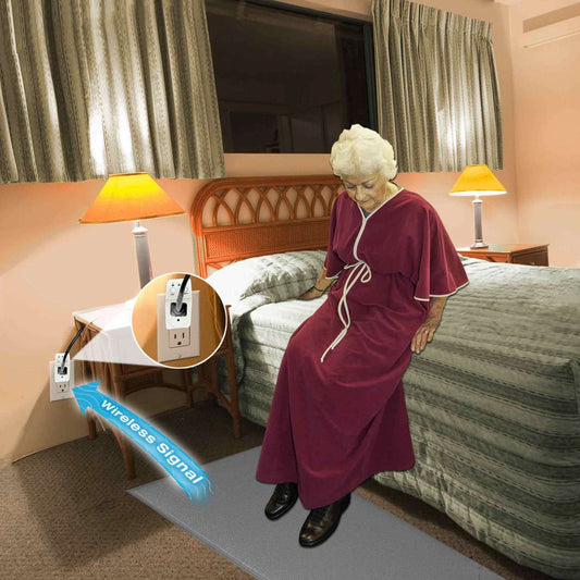 Woman in a hotel room with a wireless signal icon pointing to an electrical outlet.