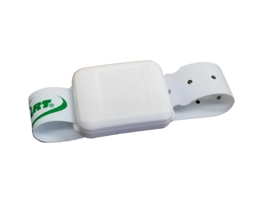 White wristband with green logo on a white background