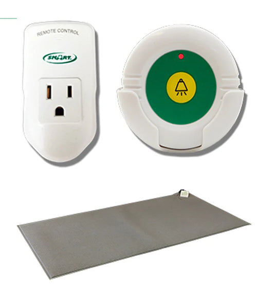 Electrical outlet, sensor, and mat on a white background