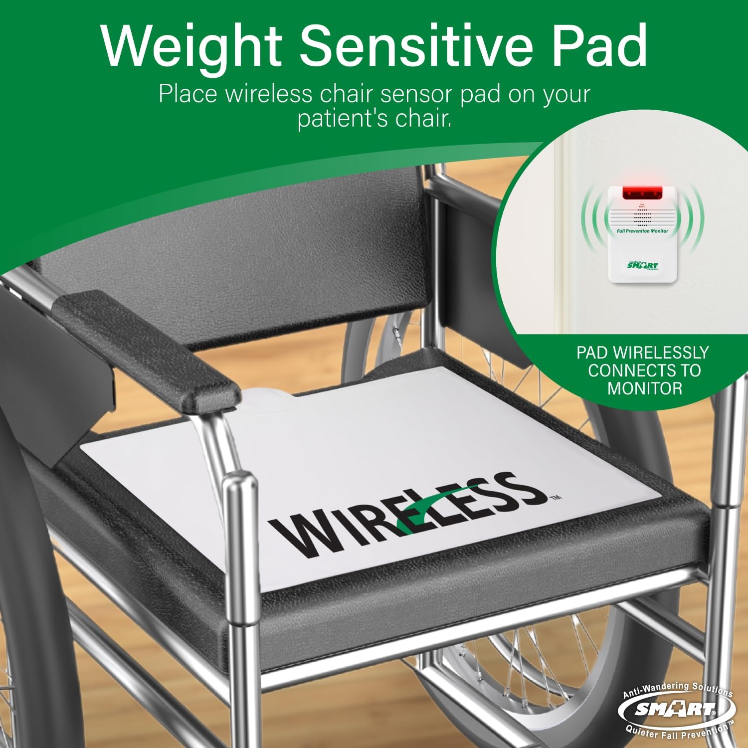 Wheelchair with a weight-sensitive pad labeled 'Wireless' on a green background