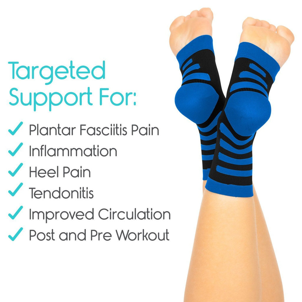 Blue and black compression socks with text highlighting their benefits on a white background