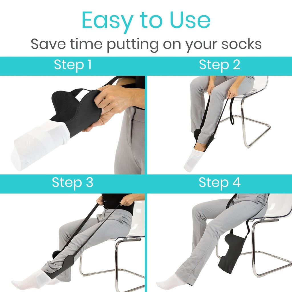 Steps to use a device for putting on socks with text 'Easy to Use' and 'Save time putting on your socks'.