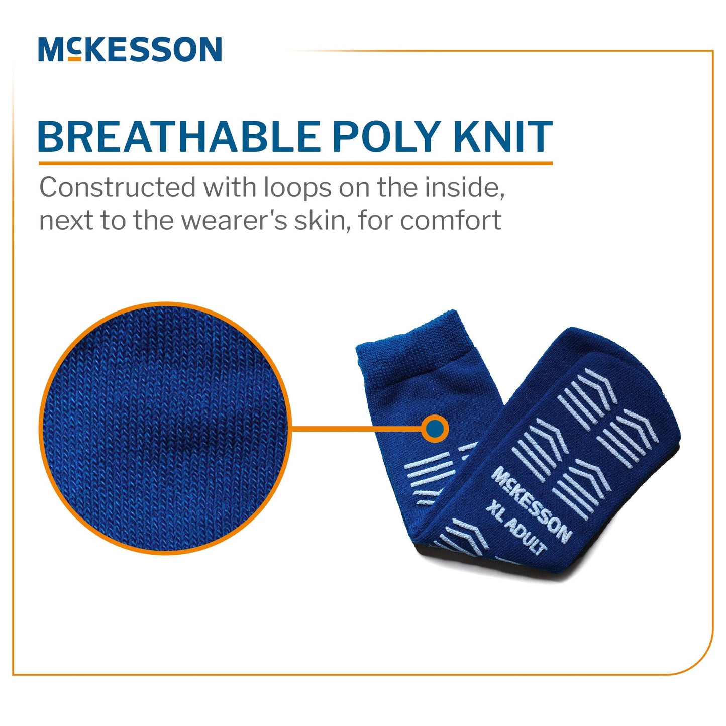 Blue McKesson socks with breathable poly knit feature and close-up of fabric texture.