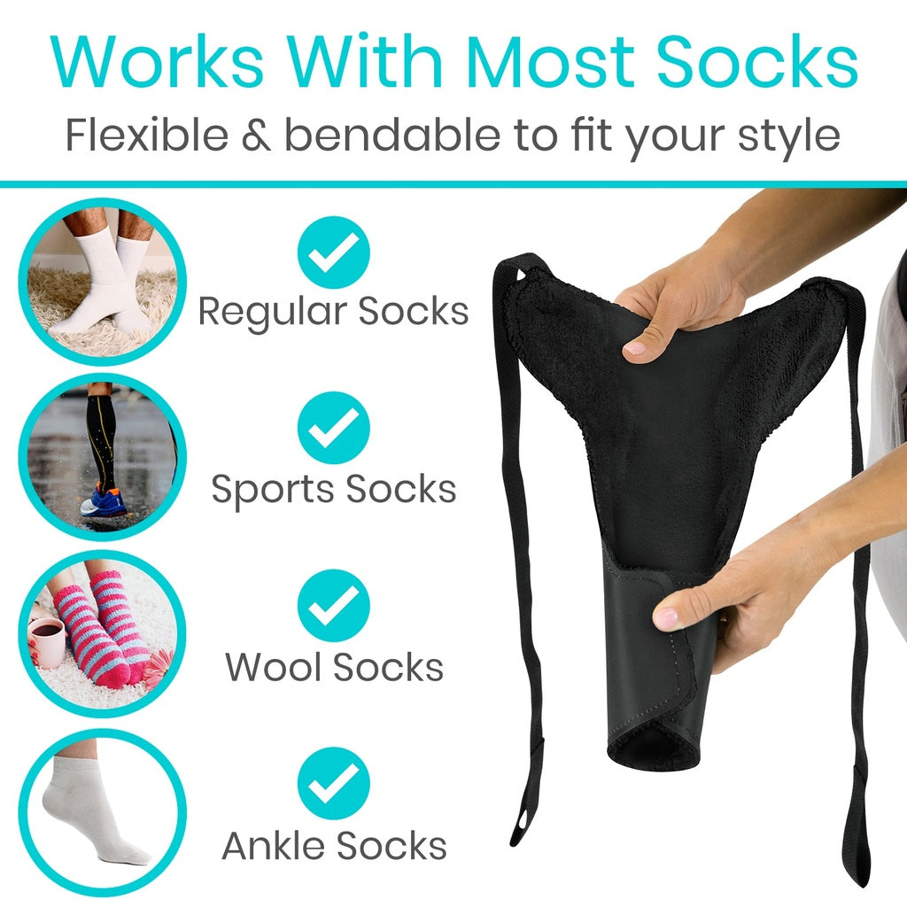 Black sock holder with text and images showing its compatibility with various types of socks.