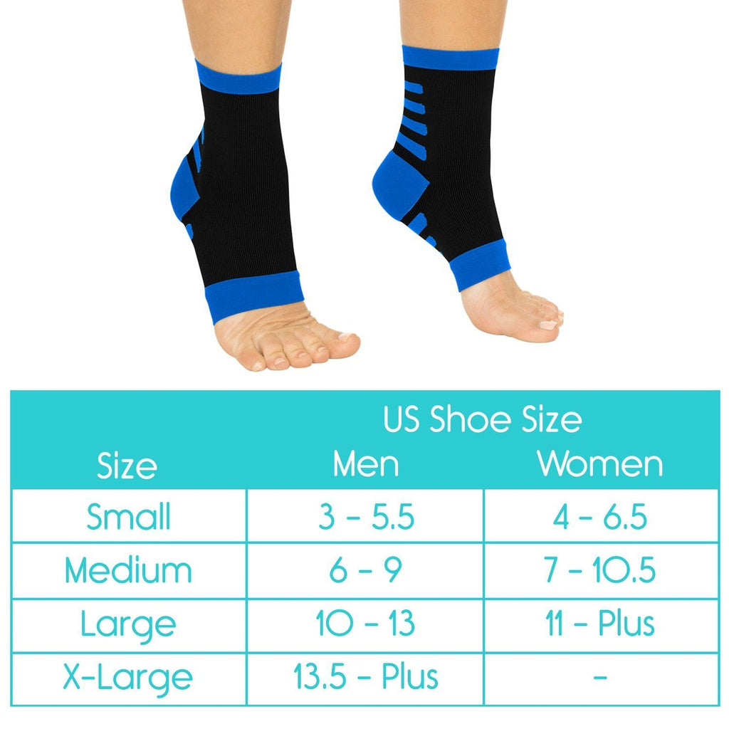 Black and blue compression socks on feet with US shoe size chart below