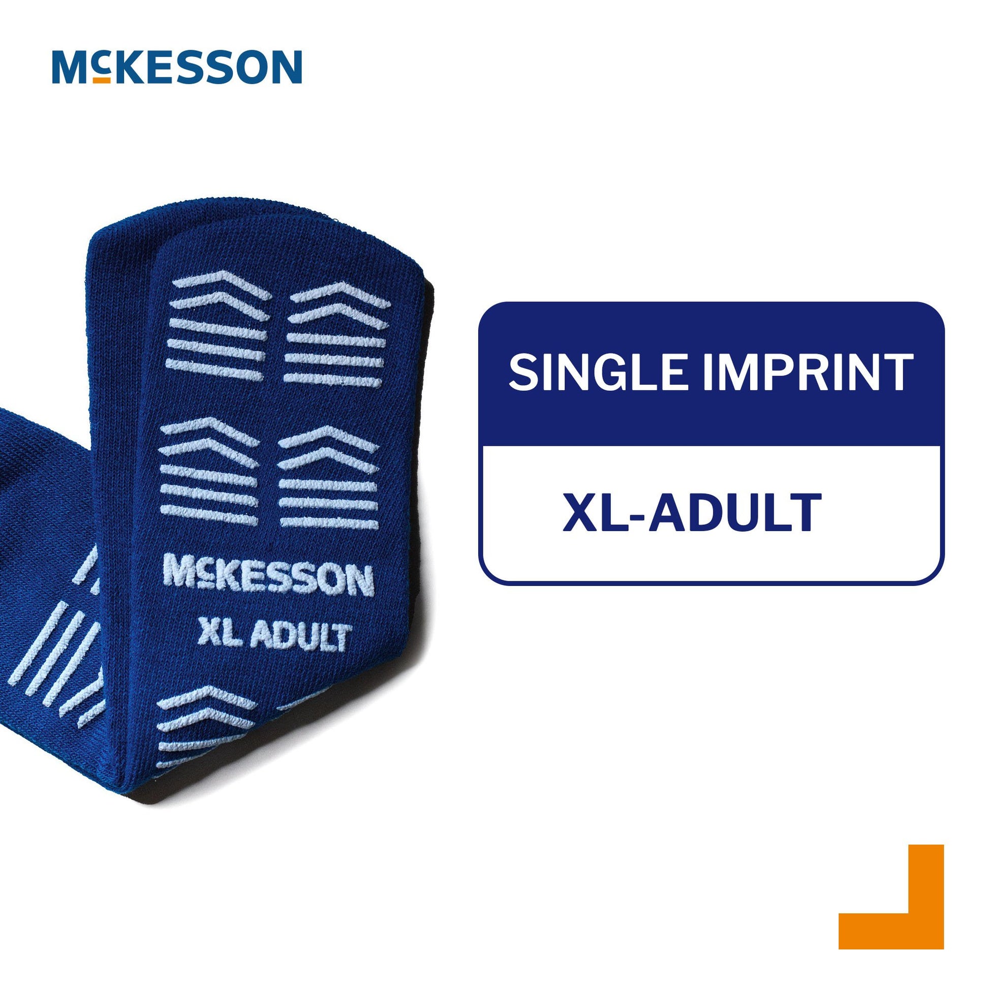 Blue McKesson XL Adult medical compression stocking with branding and size label on a white background