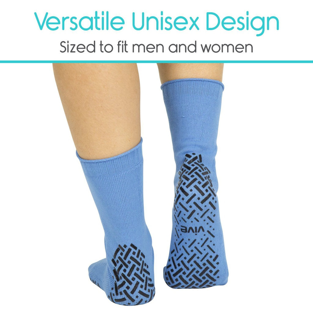 Blue socks with black pattern on feet, text 'Versatile Unisex Design' and 'Sized to fit men and women' above.