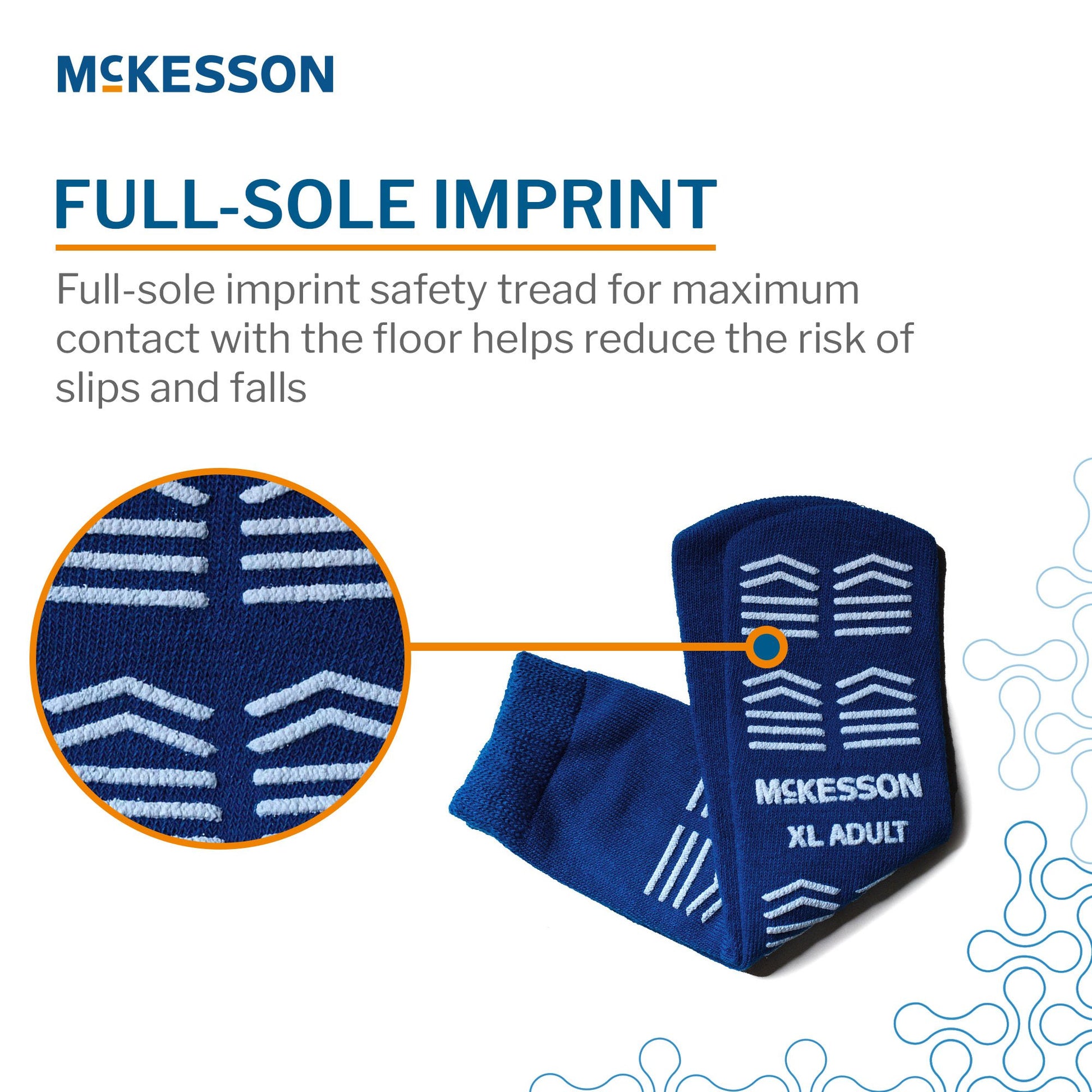 Blue McKesson safety socks with full-sole imprint on a white background