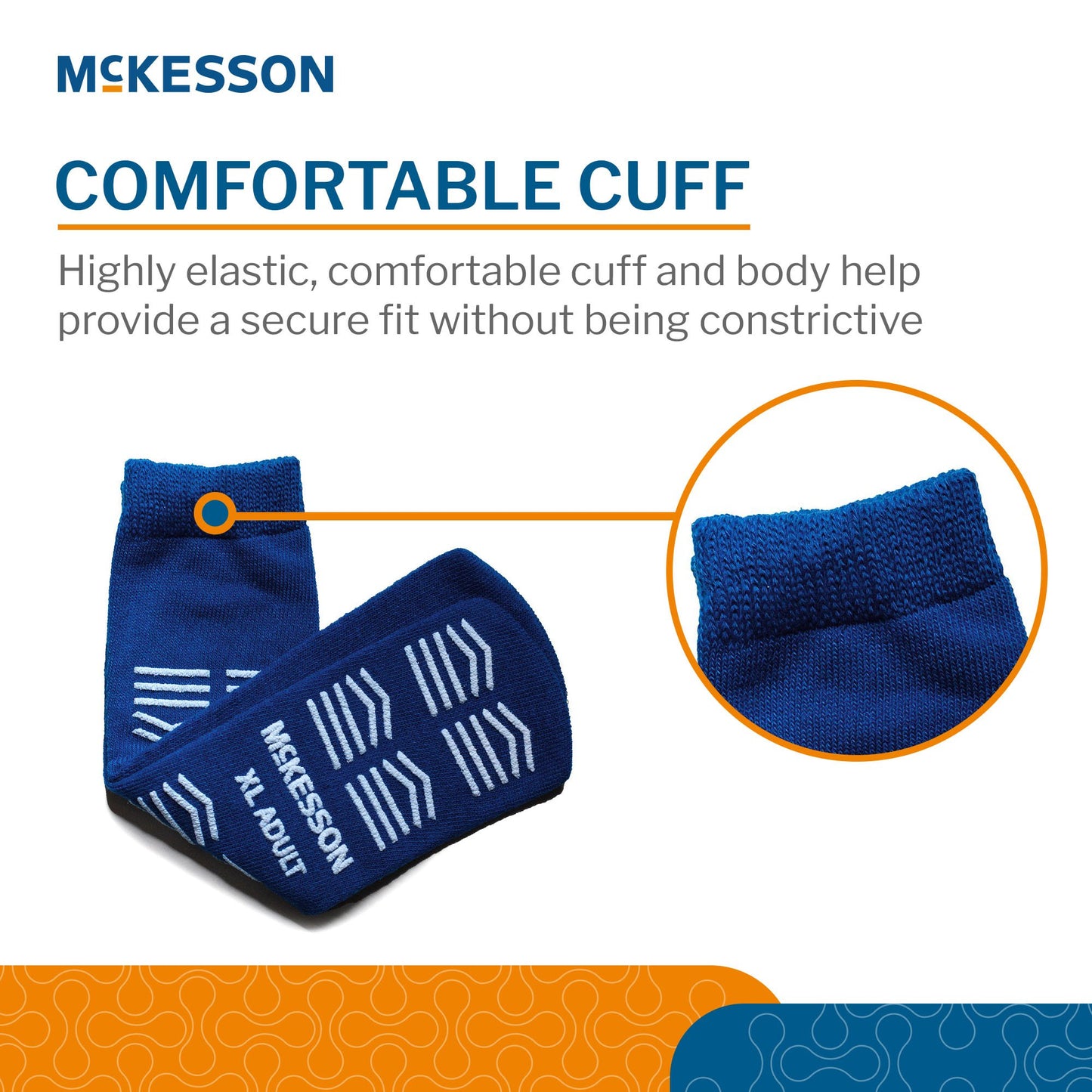 Blue McKesson sock with text about a comfortable cuff on a white background