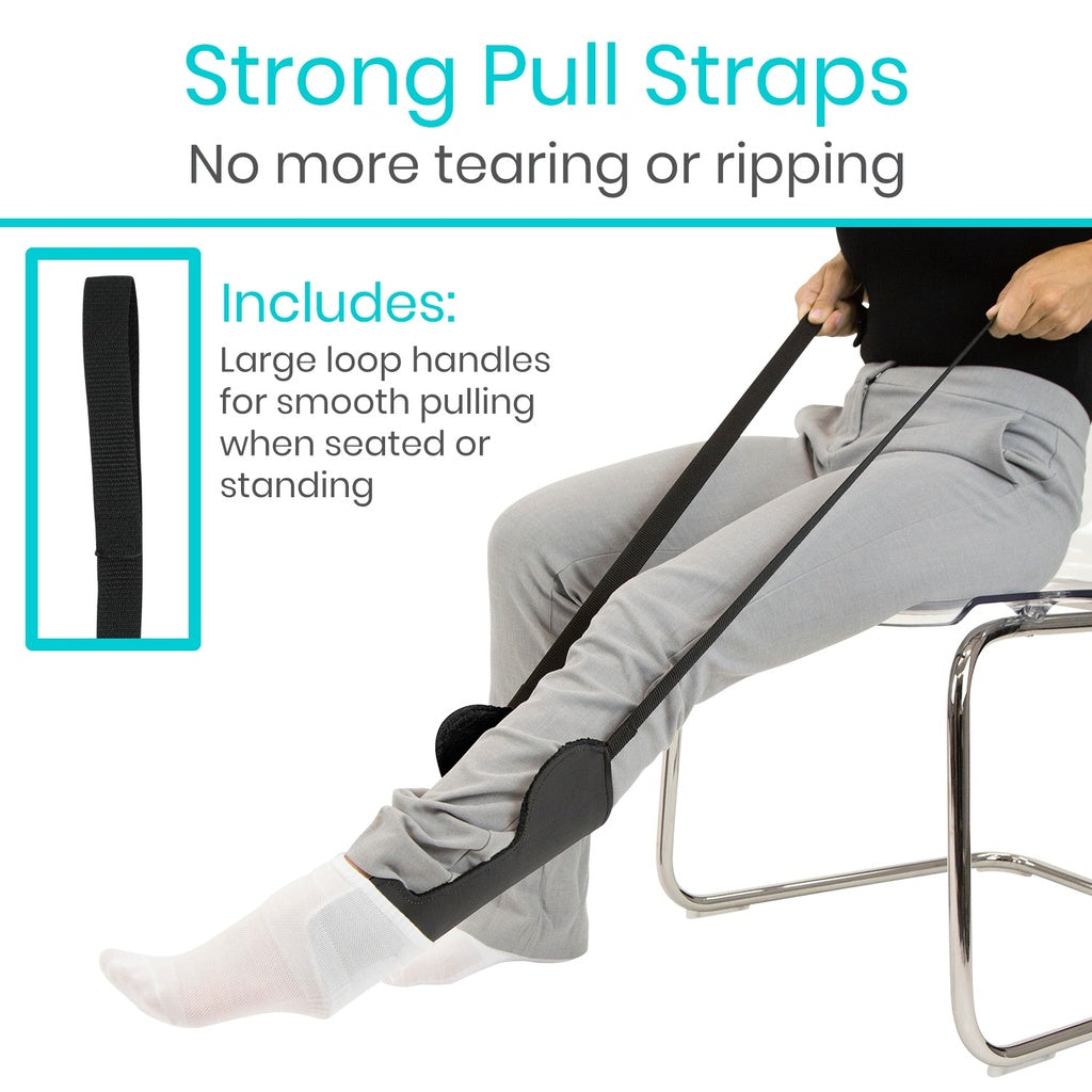 Person using a black pull strap with text highlighting its benefits on a white background