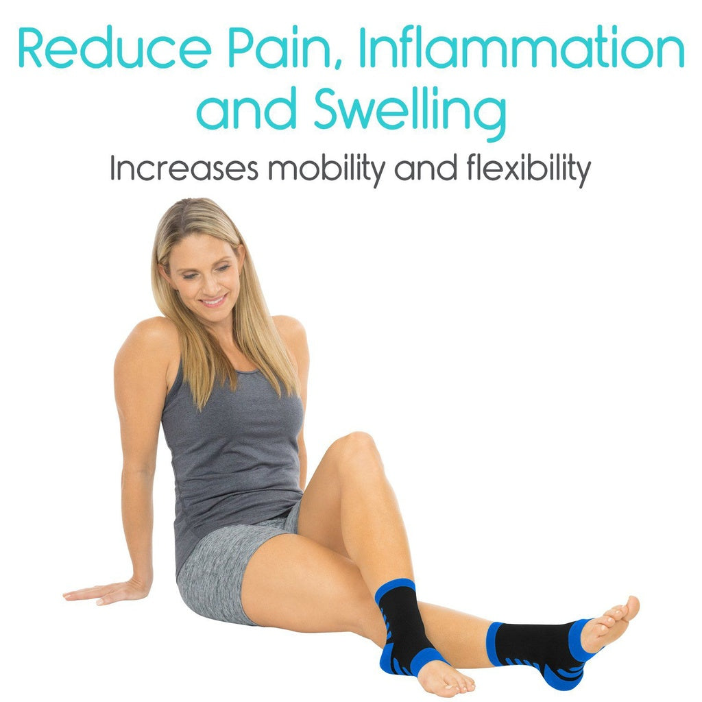 Woman wearing black ankle supports with text about pain relief and benefits on a white background
