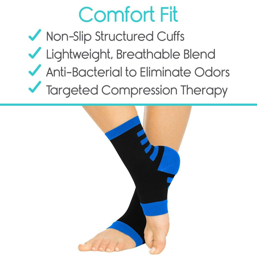 Blue and black compression sleeve on a leg with product features listed above.