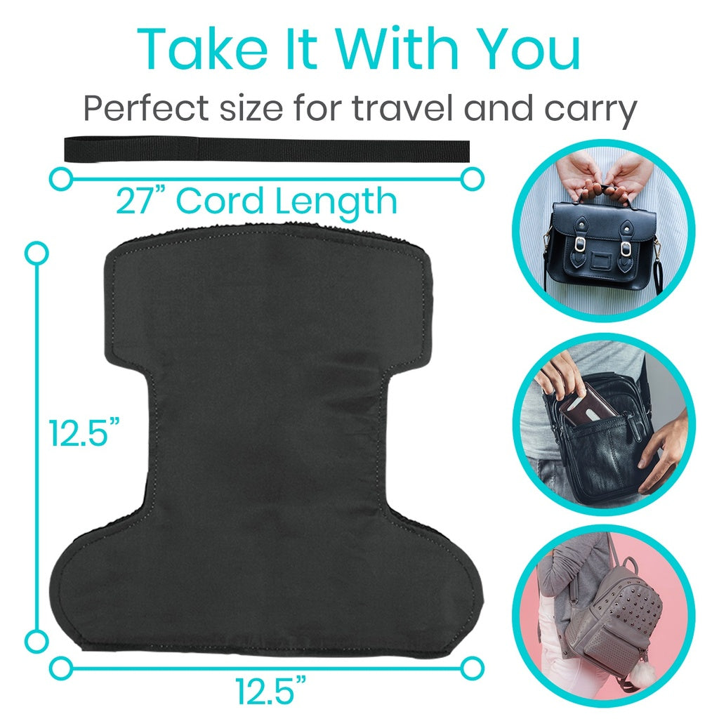 Black travel accessory with measurements and usage examples on a white background