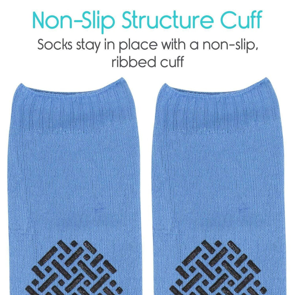 Blue socks with a non-slip ribbed cuff on a white background