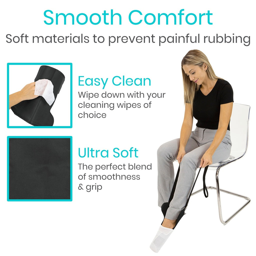Woman sitting on a chair with smooth comfort features highlighted, including ease of cleaning and softness.