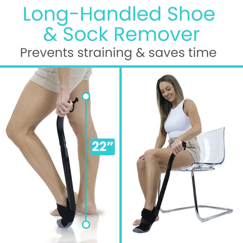 Long-handled shoe and sock remover with text indicating benefits and measurements.