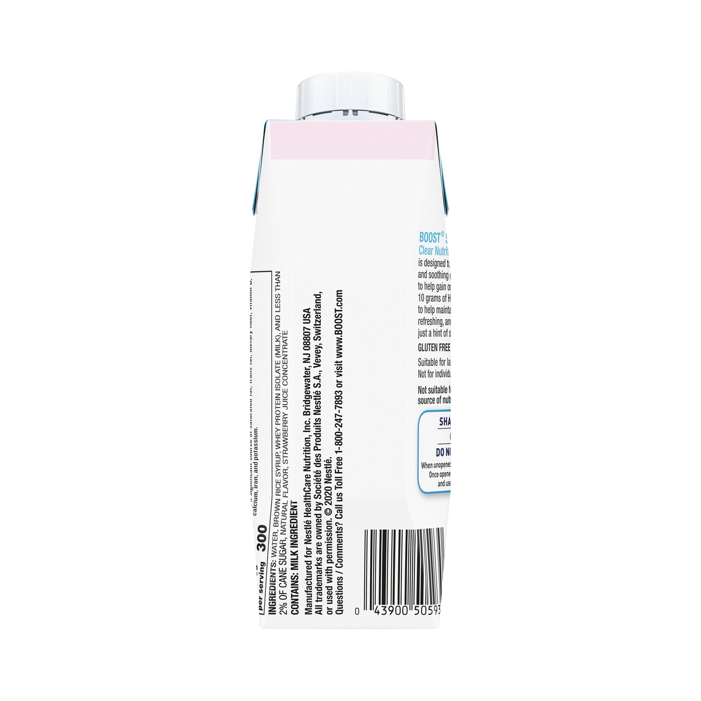 Back view of a pink and white container with text and a barcode on a white background
