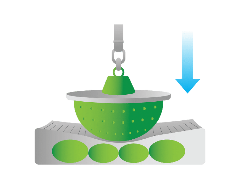 A green and white technical illustration showing a hanging green bowl-like component pressing into a white rectangular base with four green oval pads, plus a blue downward arrow on a dark green background.
