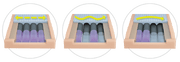 Three illustrated side-by-side diagrams showing different positions or states of a rectangular tray containing several dark and purple cylindrical items, set on a green background.