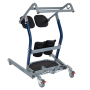 A medical standing frame with a gray metal frame, blue support tubes, and black padded cushions, shown on a plain white background.