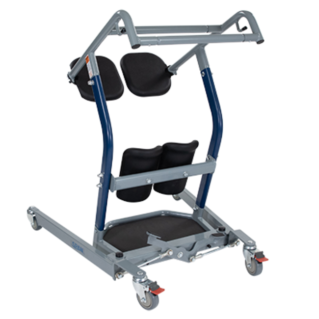 A medical standing frame with a gray metal frame, blue support tubes, and black padded cushions, shown on a plain white background.