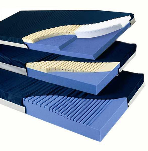 Three stacked mattress or cushion layers shown in a cutaway view, with dark navy outer sections, blue middle sections, and cream ridged inner sections on a white background.