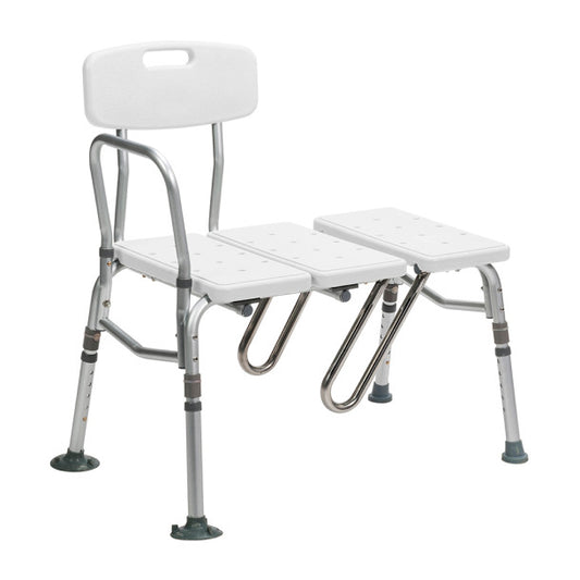 White bath chair with adjustable backrest and footrest on a white background