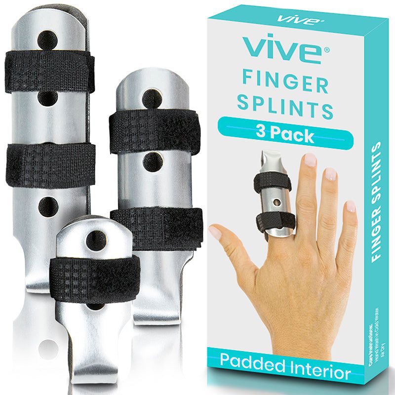 Finger splints with black straps and packaging labeled 'Vive Finger Splints 3 Pack' on a white background.