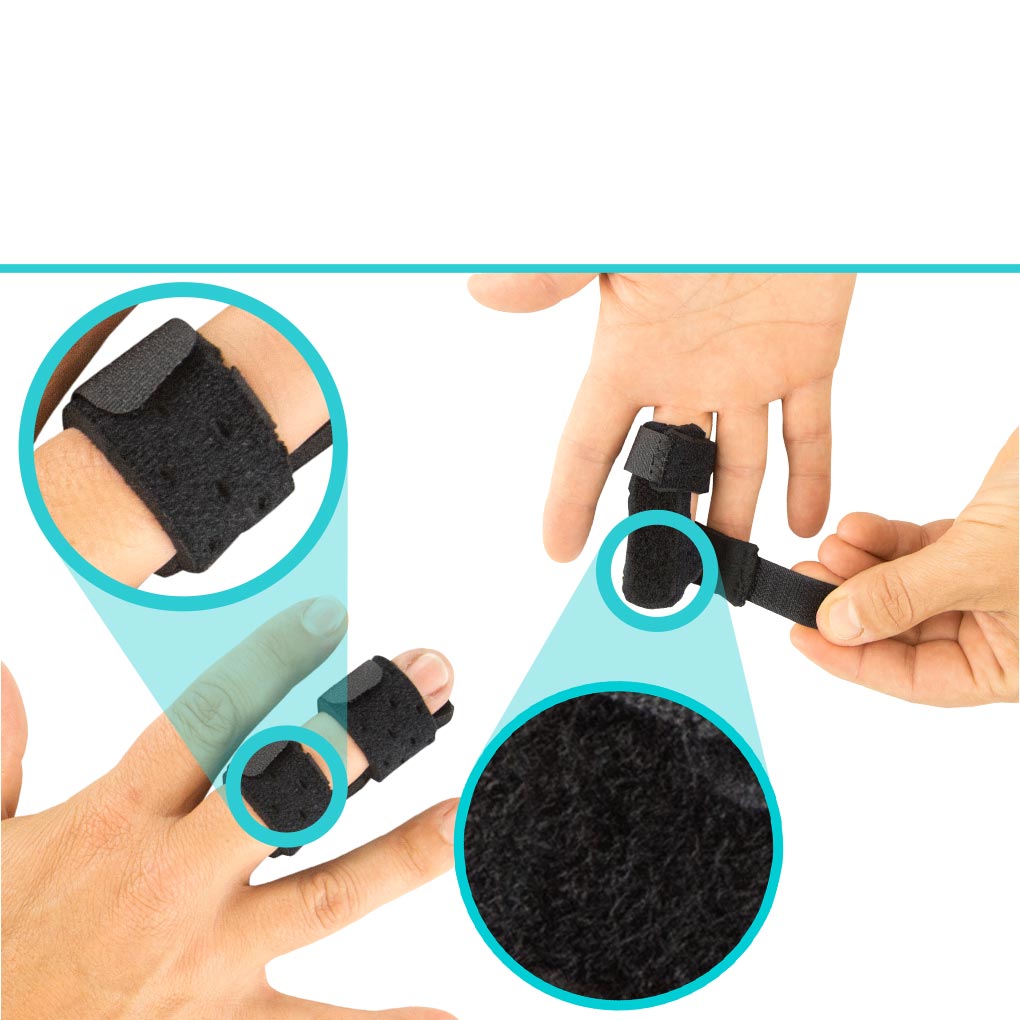 Handheld device with a black strap and blue handle, held by a person.