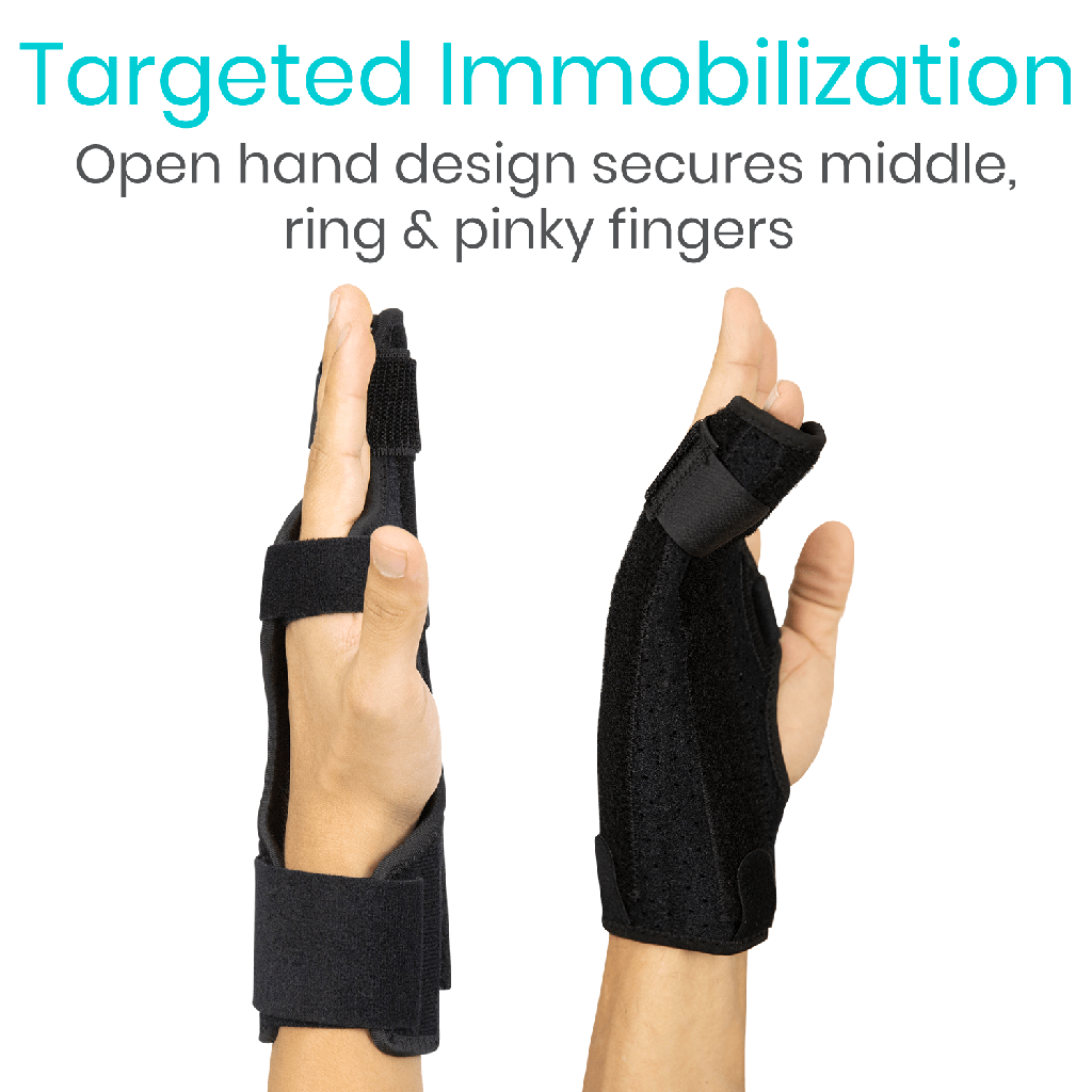 Black finger immobilizer on a hand with text about targeted immobilization.