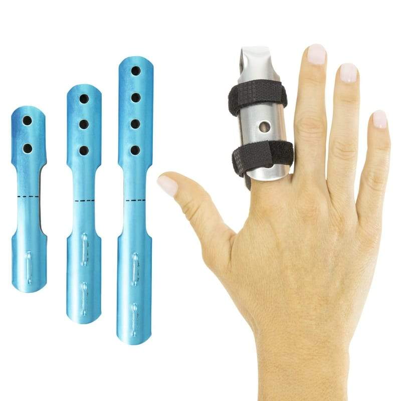 Hand with a finger splint and three blue metal devices on a white background