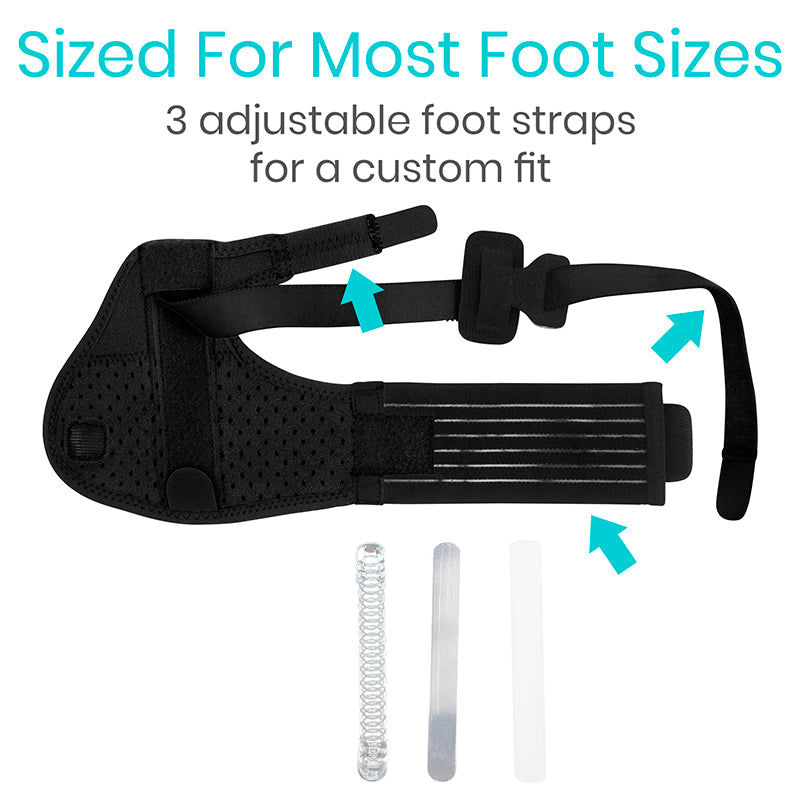 Black foot support brace with adjustable straps on a white background