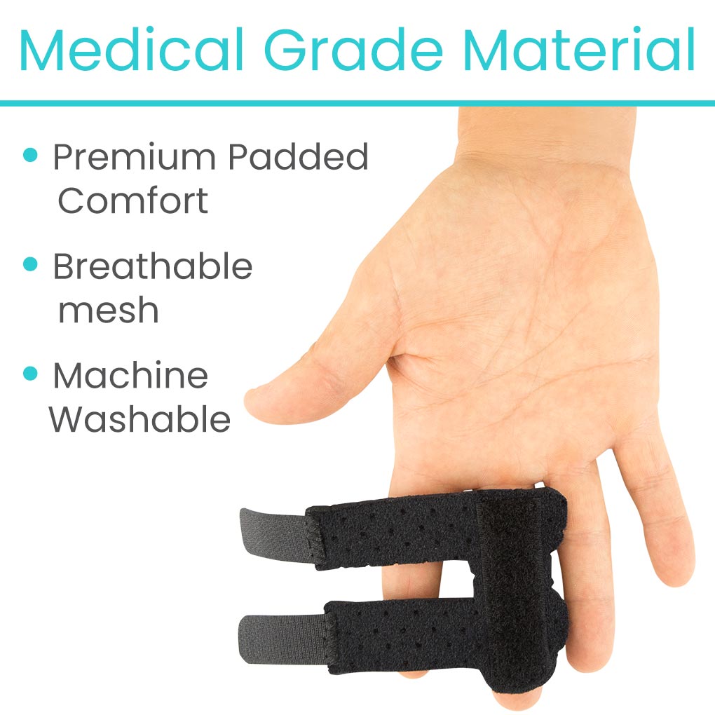 Black finger brace on a hand with text highlighting features like premium padded comfort, breathable mesh, and machine washability.