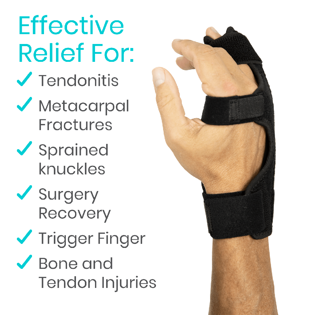 Hand wearing a black wrist support with text listing conditions it helps relieve on a white background