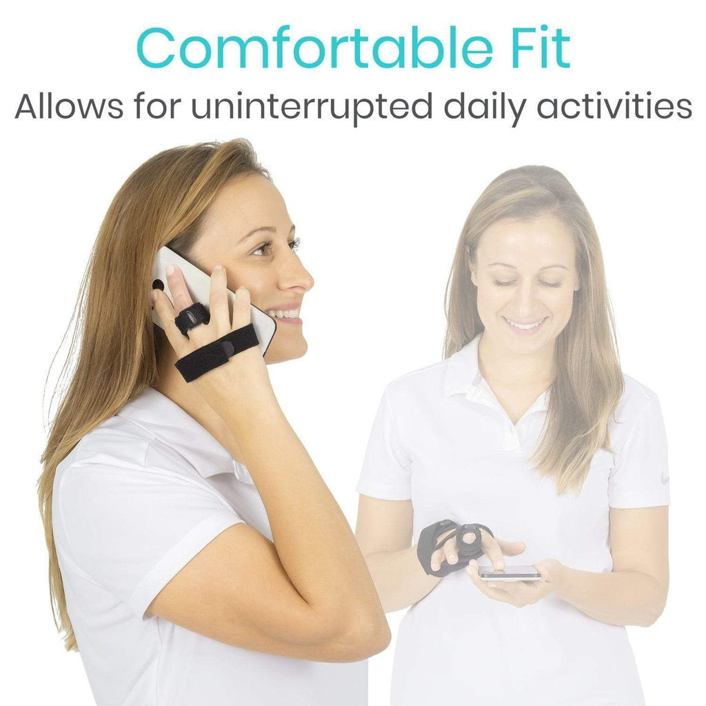 Woman using a phone and smartwatch with text 'Comfortable Fit Allows for uninterrupted daily activities' on a white background.