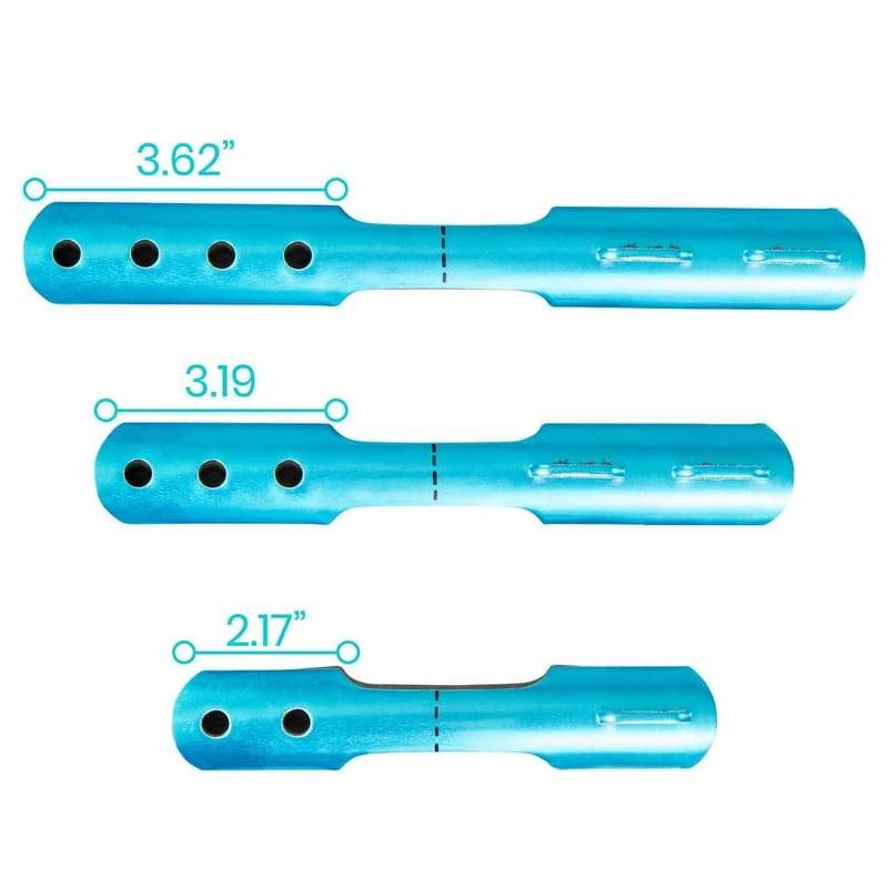 Three blue plastic components with measurements on a white background