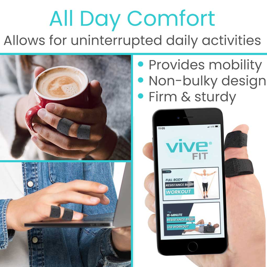 Product advertisement showing a hand holding a mug, using a laptop, and a smartphone with 'Vive Fit' app, emphasizing comfort and functionality.