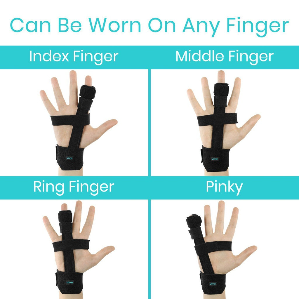 Black finger splint shown on different fingers with text indicating wearability.