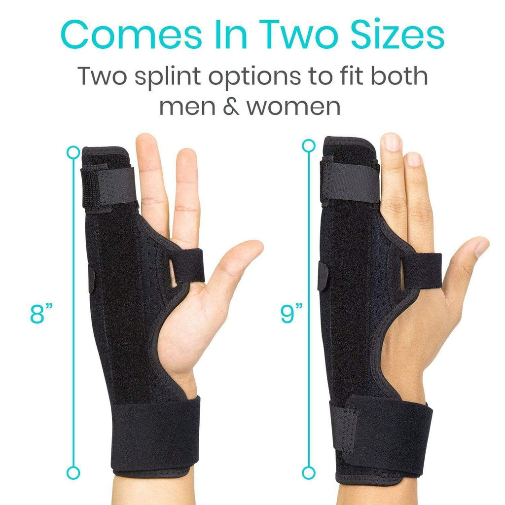 Black splint options for men and women with size measurements on a white background