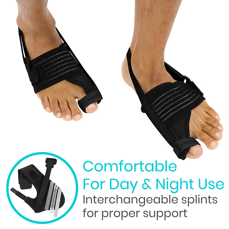 Black foot splints on feet with text about comfort and interchangeability.