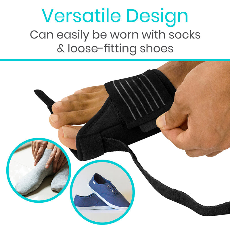 Black wrist support brace being worn with text about versatility and comfort.