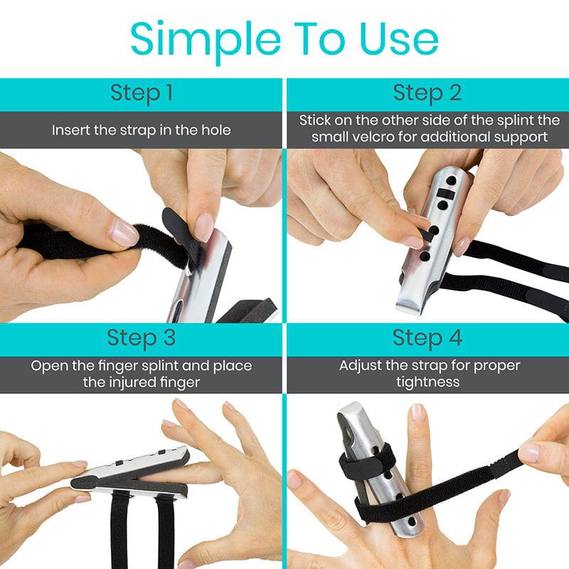 Step-by-step guide on how to use a finger splint with close-up images of hands performing each step.