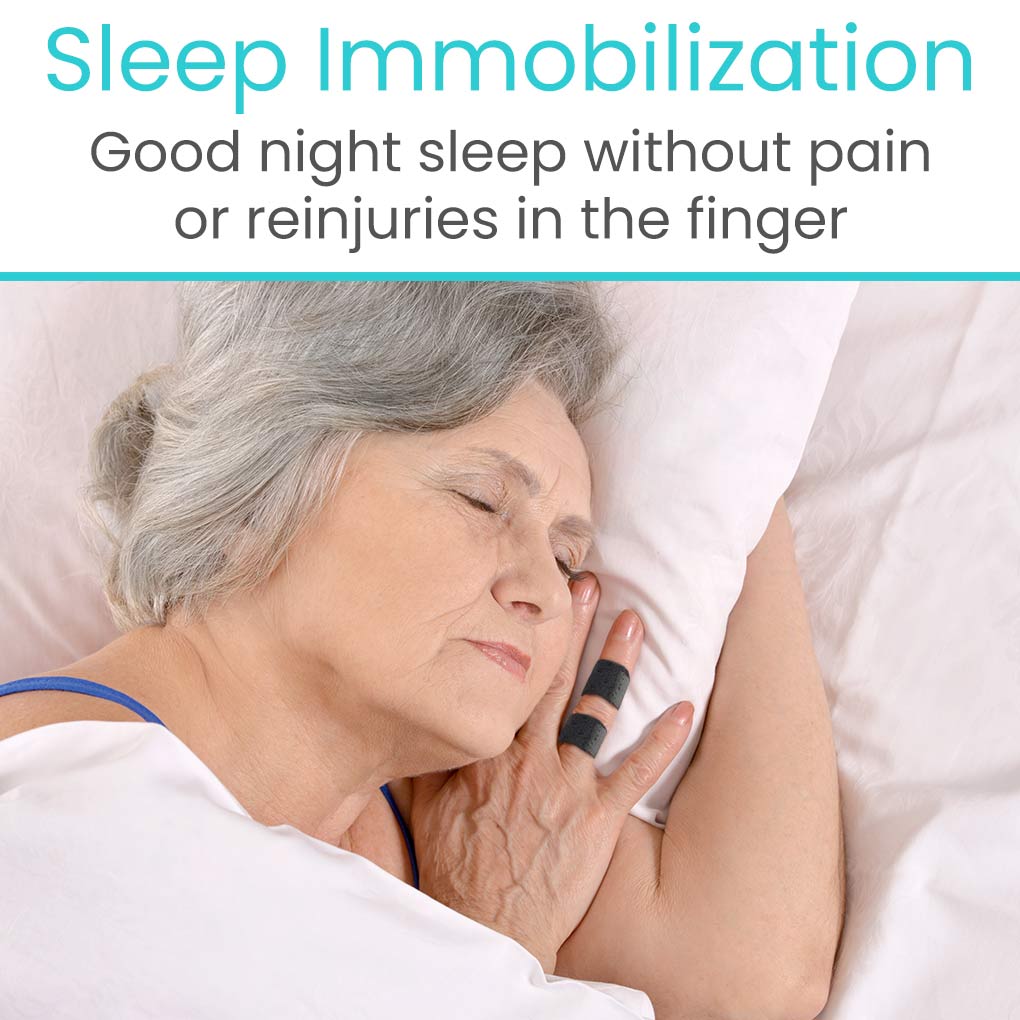 Woman sleeping with a bandage on her finger, promoting sleep immobilization for pain relief.