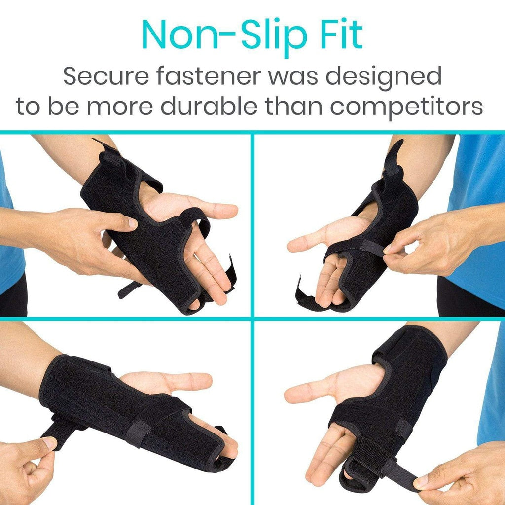 Black finger splint being worn on a hand with text about non-slip fit and durability.