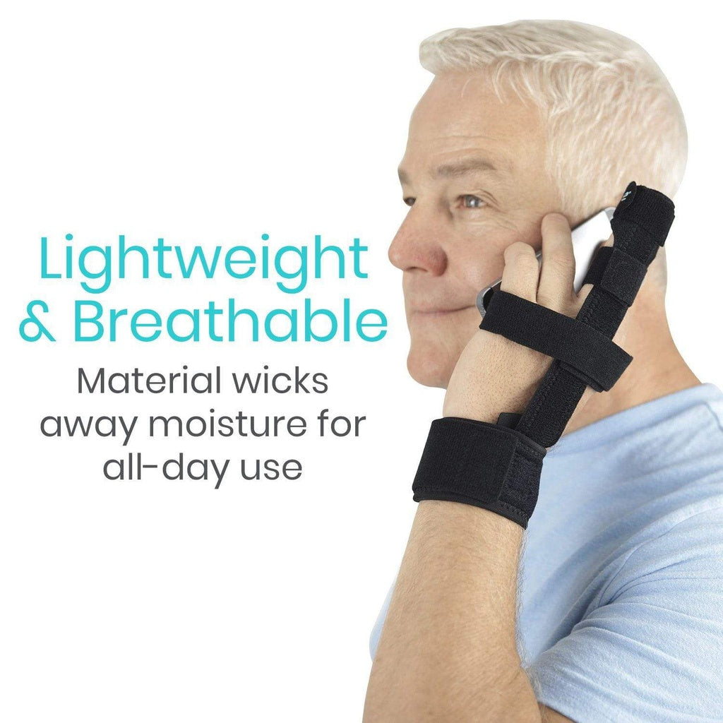 Man using a phone with a black wrist support, text about material properties.