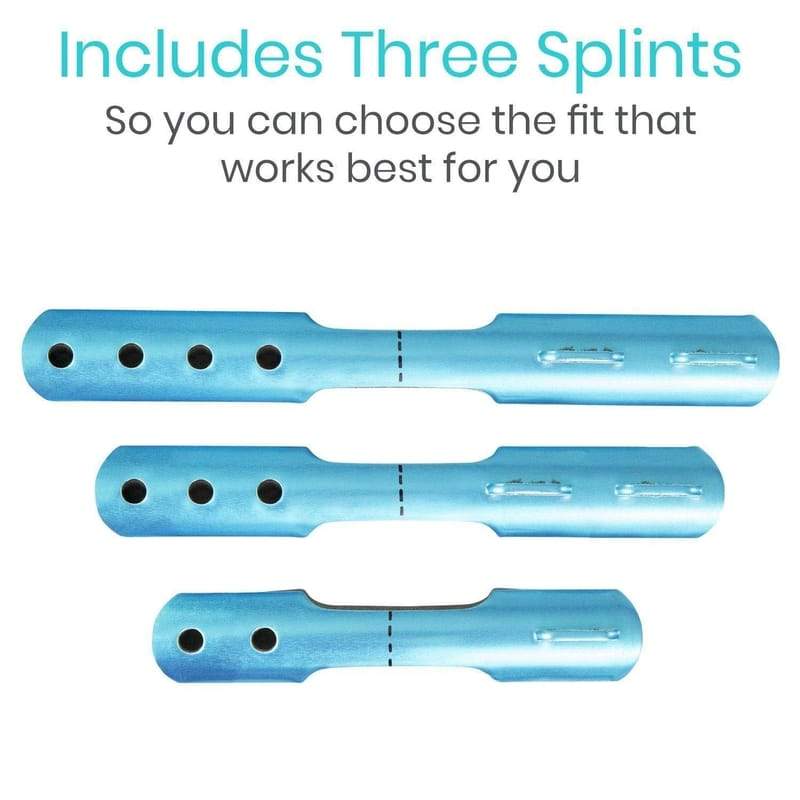 Three blue splints with text indicating they can be chosen for fit on a white background